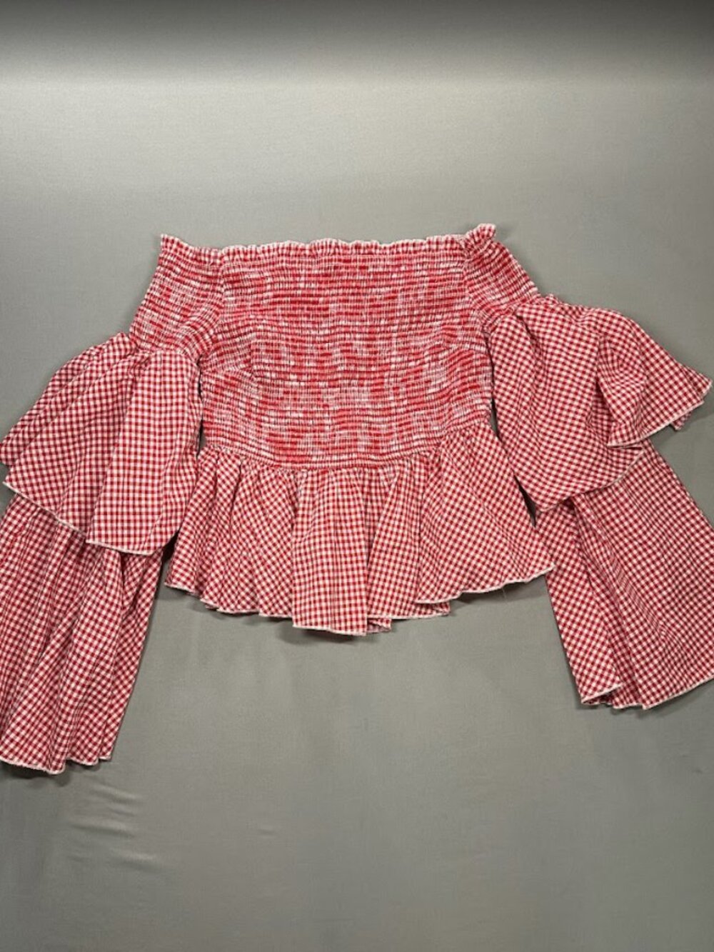 Us Together Off The Shoulder Bell Sleeve Shirred Ruffle Top, Gingham - Large - Picture 2 of 13
